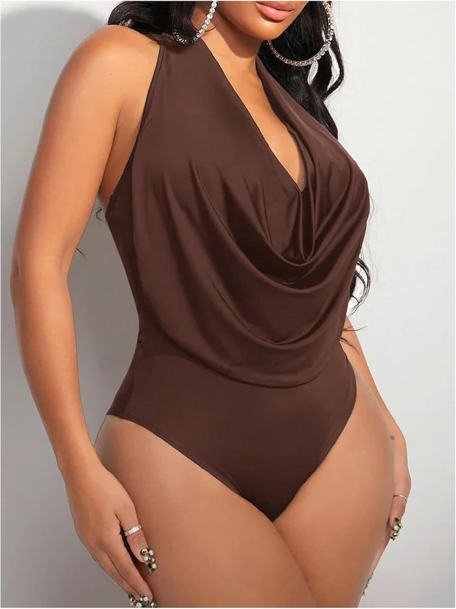 Draped Halter Bodysuits Backless Tank Top Bodysuit by OYOANGLE, photograph 2 of 4