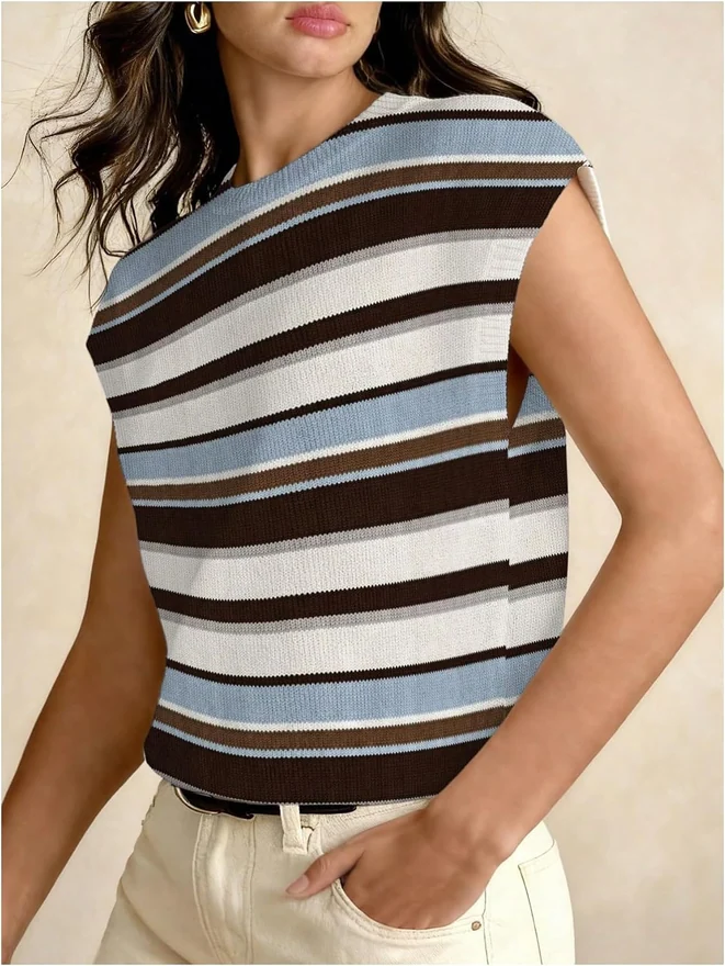 Striped Short Sleeve Sweater Summer Ribbed Knit Work Top by OYOANGLE, photograph 3 of 4