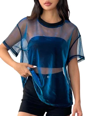 Rave Outfits for Women Concert Festival See Through Top Blouse in Blue