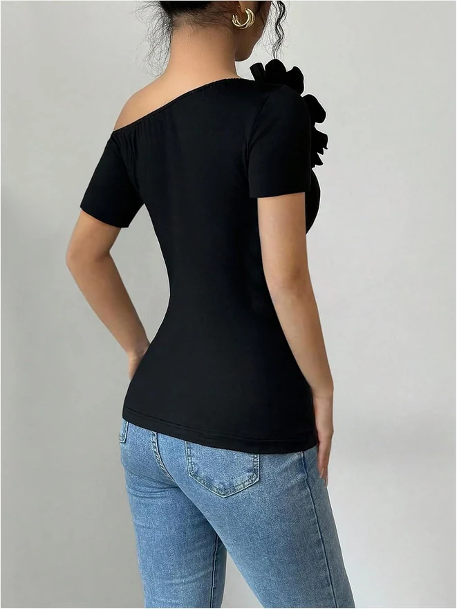 3D Floral Off The Shoulder Tops Short Sleeve Dressy Shirts by OYOANGLE, photograph 2 of 4