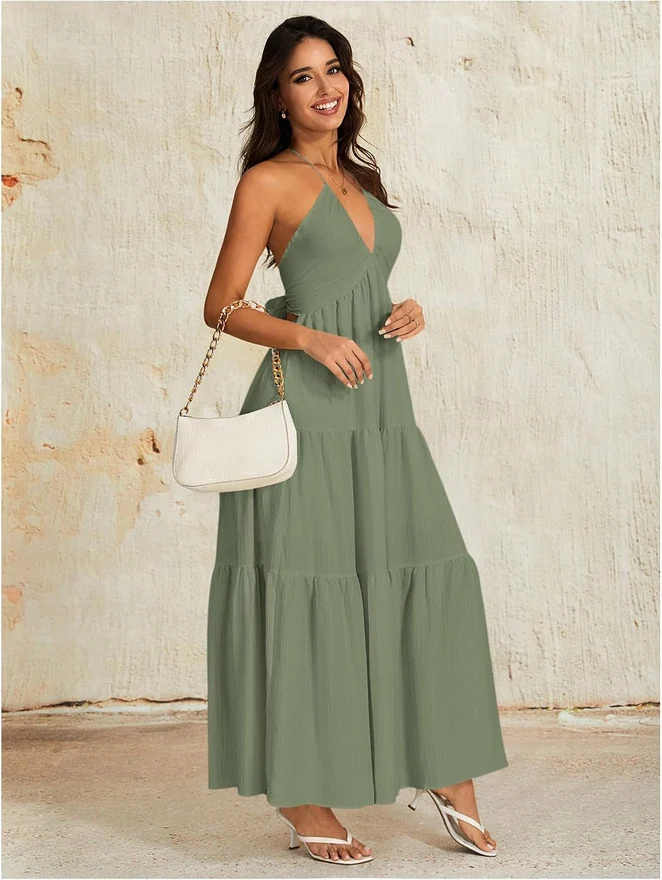 Summer Beach Halter Sundress Formal Wedding Guest Dress by OYOANGLE, photograph 3 of 3