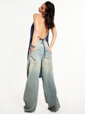 Cowl Neck Backless Halter Top Y2k See Through Tank Tops in Teal Blue