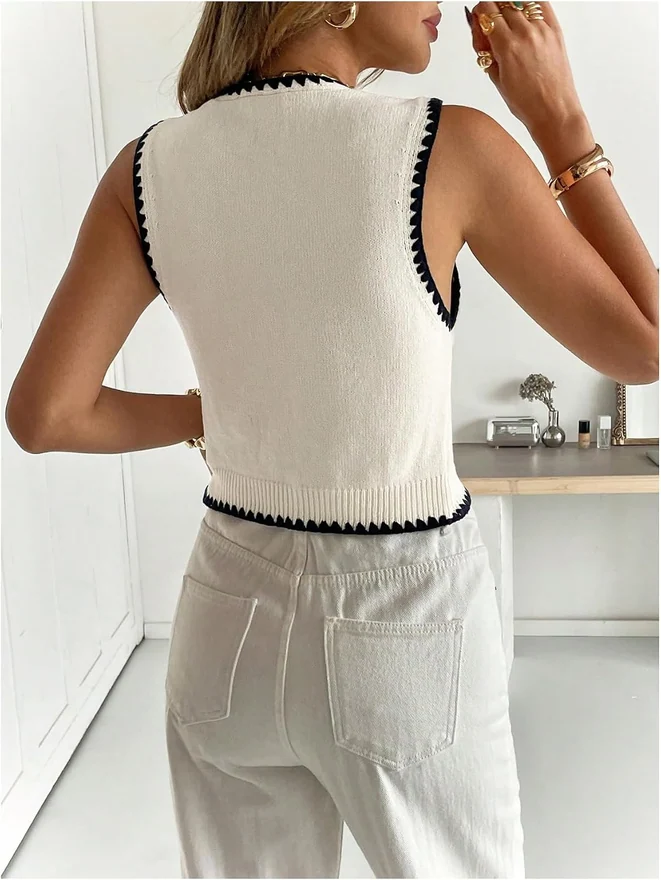 Button Up Sweater Vest Contrast Binding V Neck Summer Dressy by OYOANGLE, photograph 3 of 4