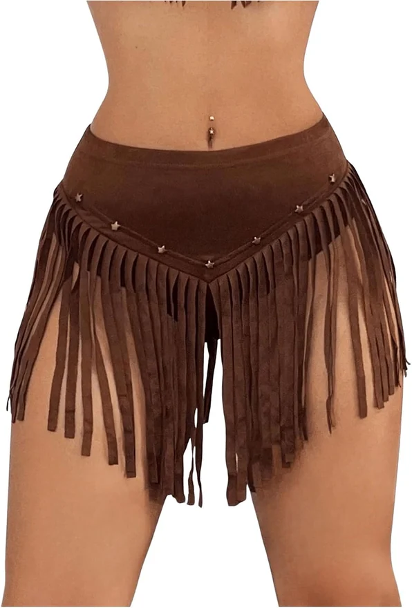 Suede Fringe Western Cowgirl Mini Skirt Brown by OYOANGLE