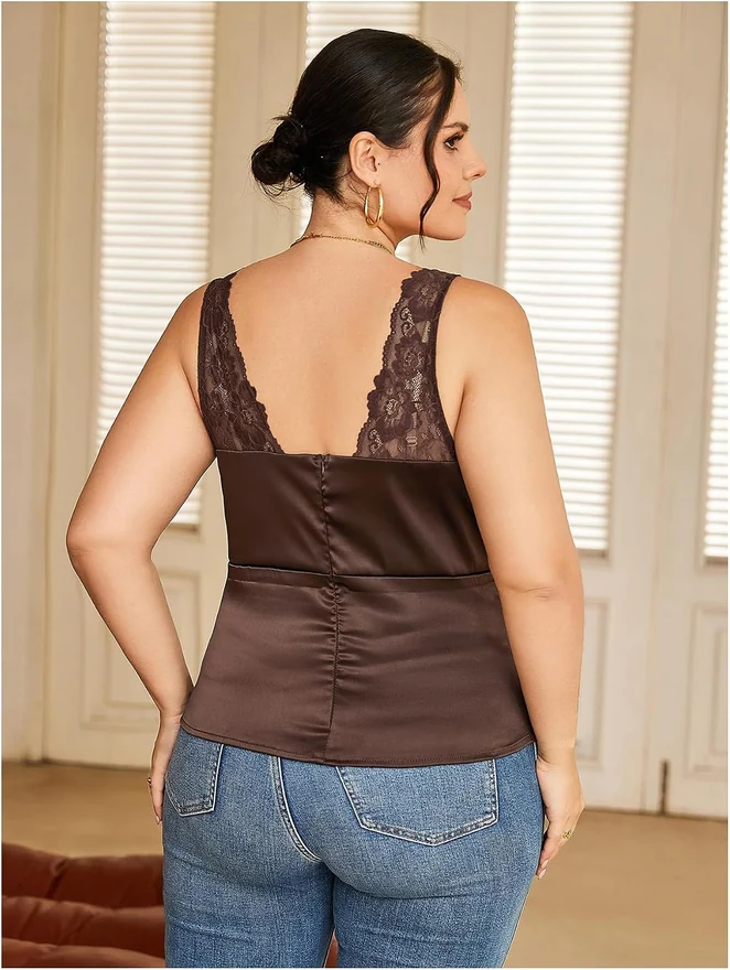Plus Size V Neck Satin Tank Top Lace Trim Ruched Blouse by OYOANGLE