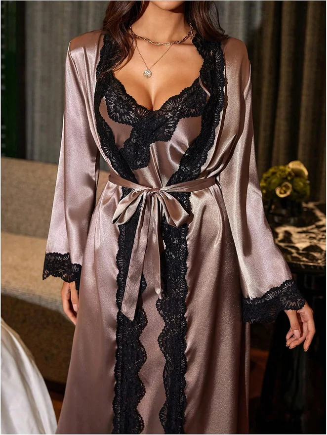 Satin Robe Set 2 Piece Sexy Pajama Sets Lace V Neck Split Long by OYOANGLE, photograph 3 of 3