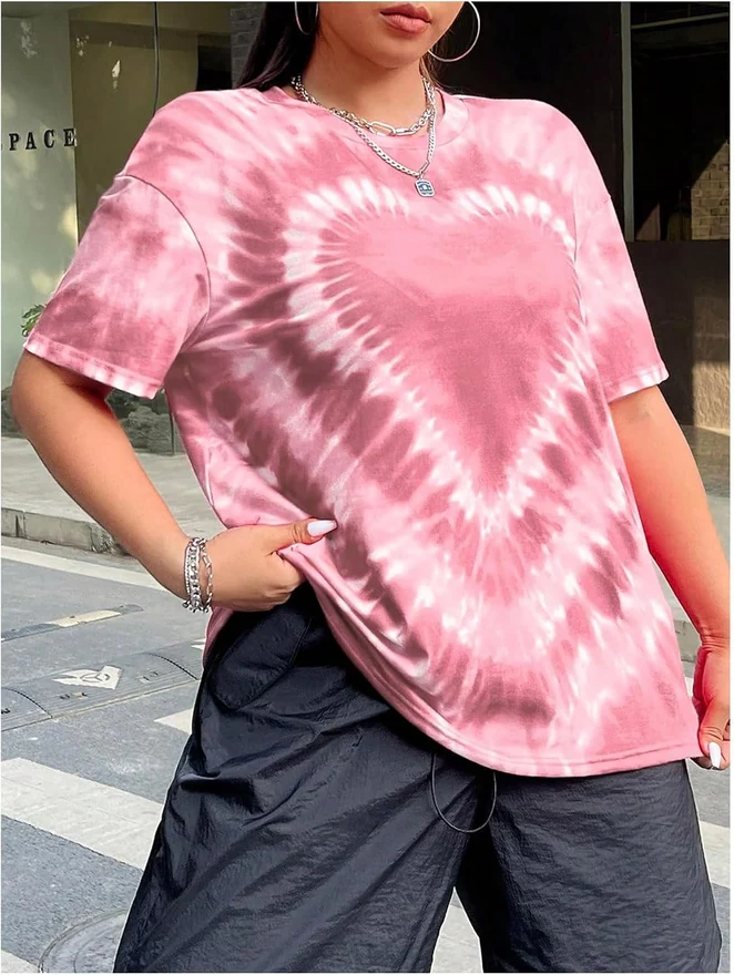 Plus Size Tie Dye Heart Graphic T Shirt Short Sleeve Crew Neck by OYOANGLE, photograph 3 of 4