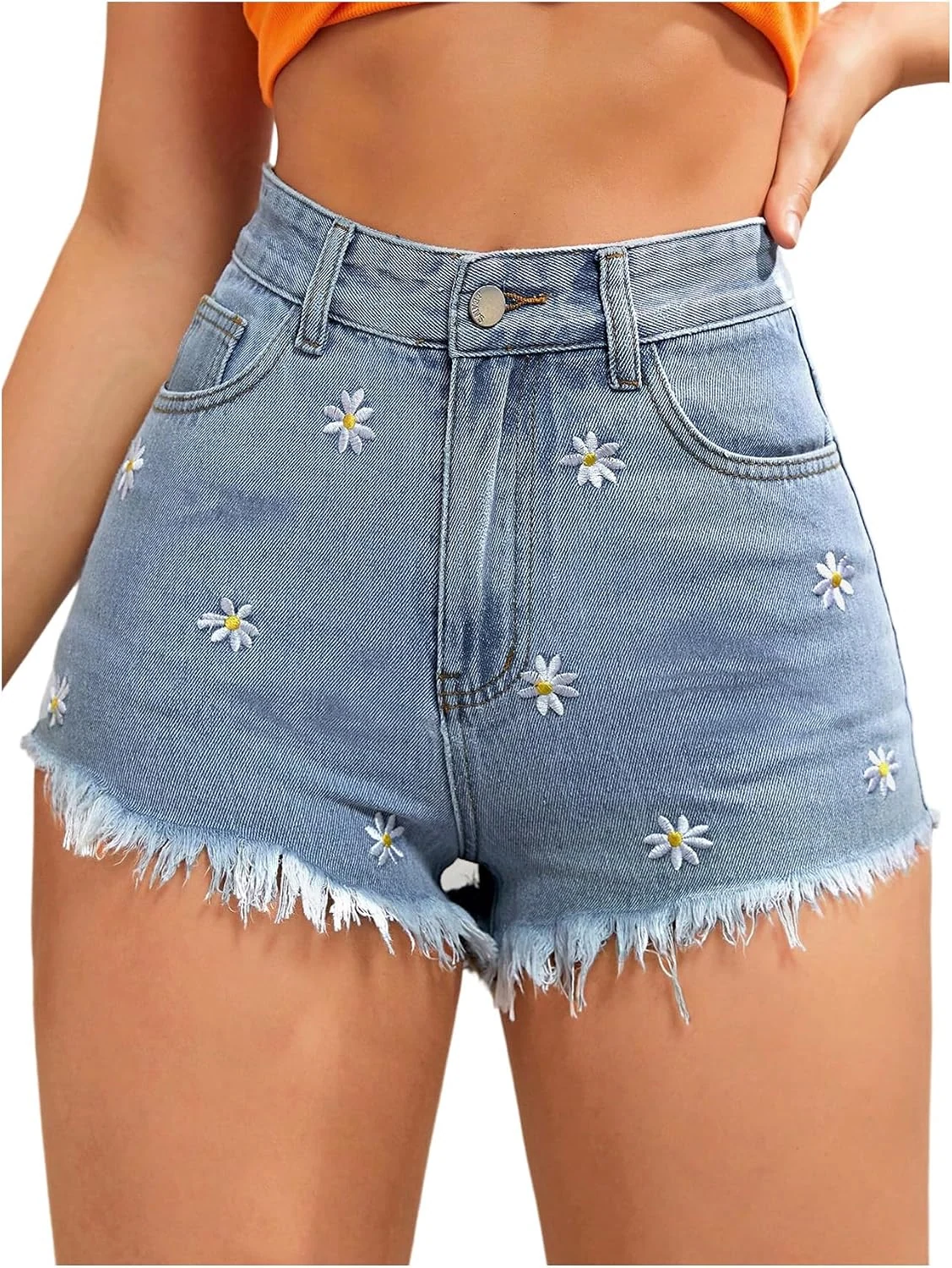 Floral Embroidery Raw Hem Denim Shorts by OYOANGLE, photograph 1 of 4
