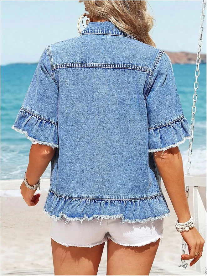 Button Down Denim Jacket Raw Trim Ruffle Half Sleeve Jean Coat by OYOANGLE, photograph 4 of 4
