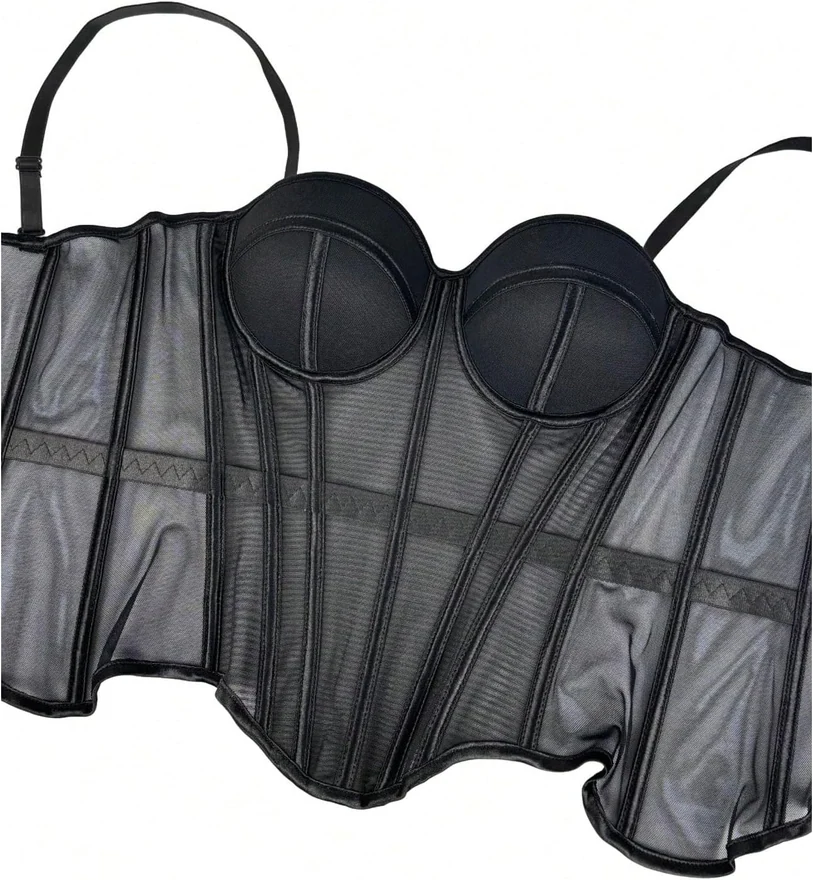 Bustier Corset Top See Through Mesh Boned Cami Tops Black by OYOANGLE, photograph 2 of 3