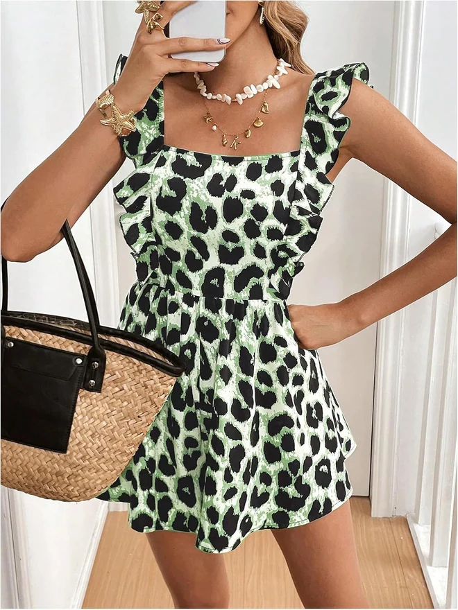 Cheetah Print Ruffle Sleeveless Romper Bow Tie Back Casual by OYOANGLE, photograph 4 of 4