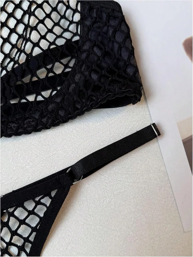 2 Piece Fishnet Lingerie Sheer Halter Bra and Panty Sets by OYOANGLE, photograph 3 of 4