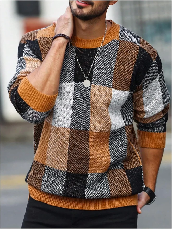 Colorblock Plaid Long Sleeve Crew Neck Sweater Pullover Tops by OYOANGLE, photograph 4 of 4