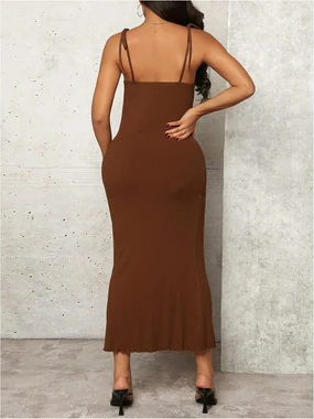 Maternity Ribbed Knit Bodycon Cami Midi Dresses Army Green in Brown