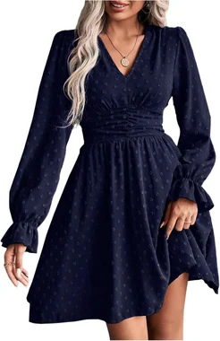 Long Sleeve Swiss Dots Ruffle Short Dresses Dark Blue in Dark Blue