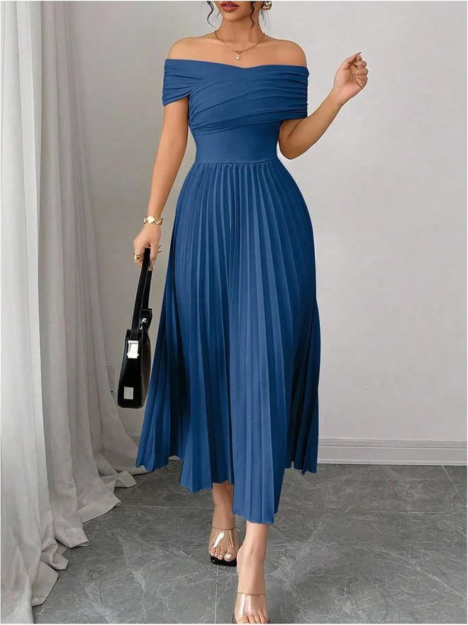 Off The Shoulder Dress Cinched Waist Wedding Guest Dresses by OYOANGLE, photograph 3 of 3