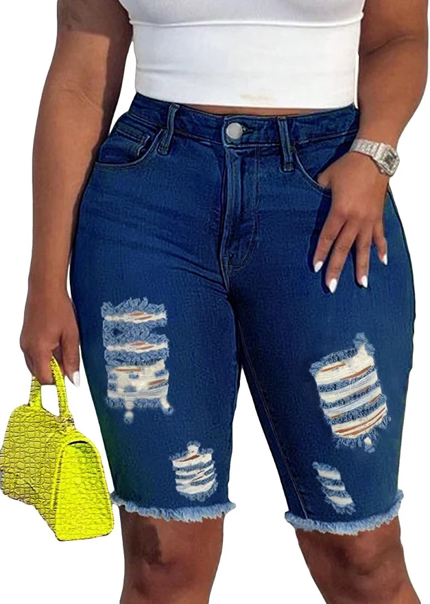 Ripped Cutout Y2K Skinny Shorts Zipper Fly Frayed Hem Denim by OYOANGLE