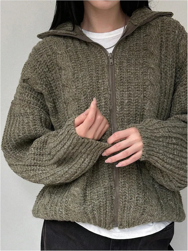 Zip Up Cable Knit Cardigan Sweater Long Sleeve Oversized by OYOANGLE, photograph 4 of 4