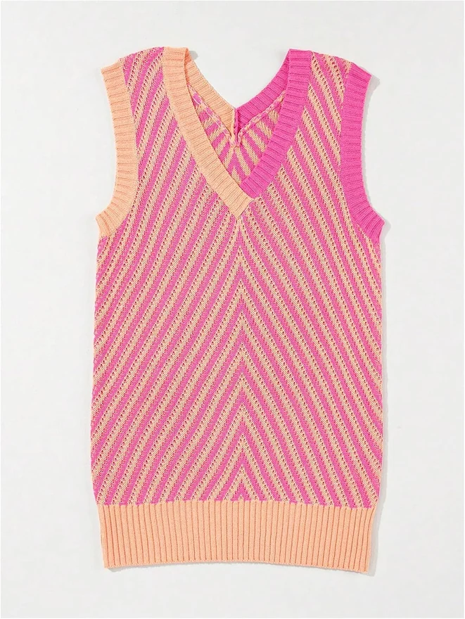 Color Block Striped Sweater Vest Sleeveless V Neck Knitted by OYOANGLE, photograph 4 of 4