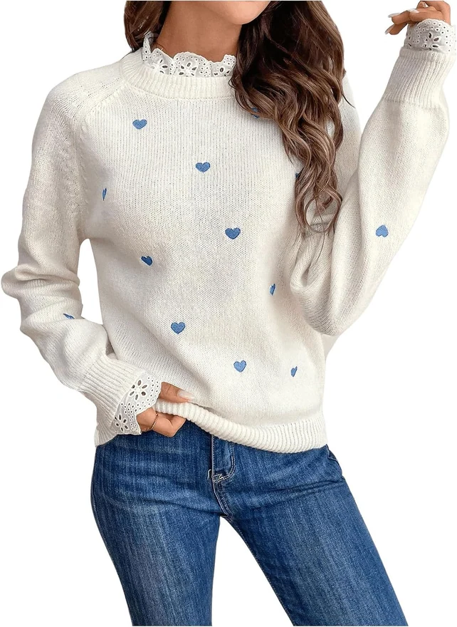 Long Sleeve Sweater Heart Embroidery Crewneck Lace Patchwork by OYOANGLE