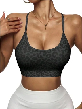Cheetah Print Sports Bra Criss Cross Bras Strappy Sports in Dark Grey