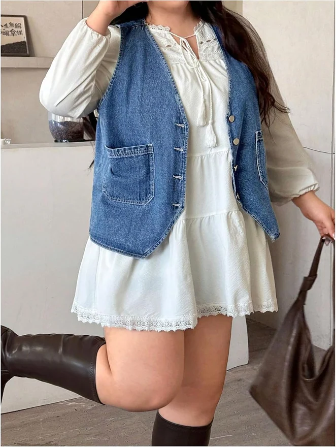 Plus Size Sleeveless Button Down Jean Jacket V Neck Denim Vest by OYOANGLE, photograph 3 of 3