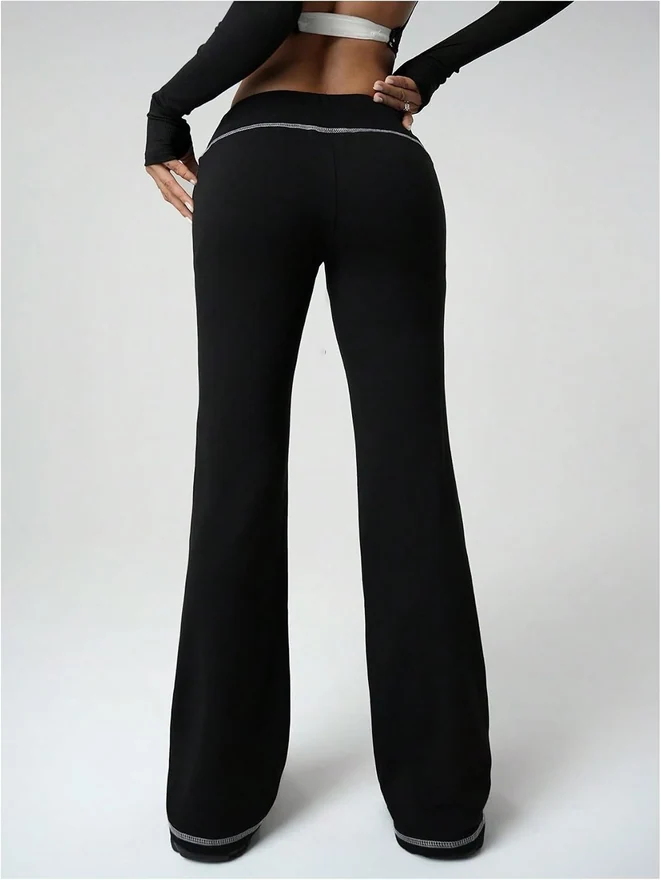 Y2K Drawstring Flare Sweatpants Low Waist Yoga Pants Black by OYOANGLE, photograph 3 of 3