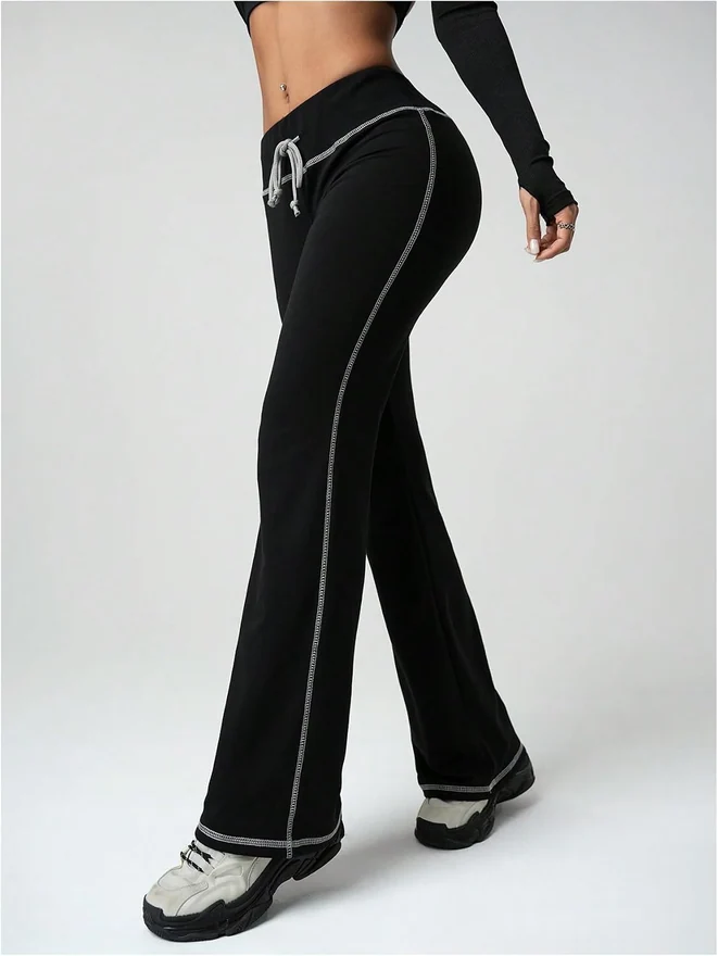 Y2K Drawstring Flare Sweatpants Low Waist Yoga Pants Black by OYOANGLE