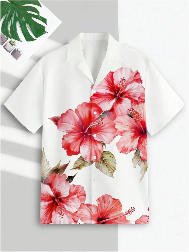 Hawaiian Shirts Floral Short Sleeve Button Down Shirt Summer by OYOANGLE, photograph 3 of 4