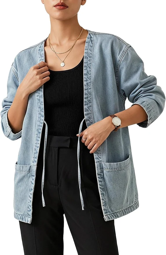 Oversized Bow Tie Front Denim Jacket V Neck Long Sleeve Jean by OYOANGLE