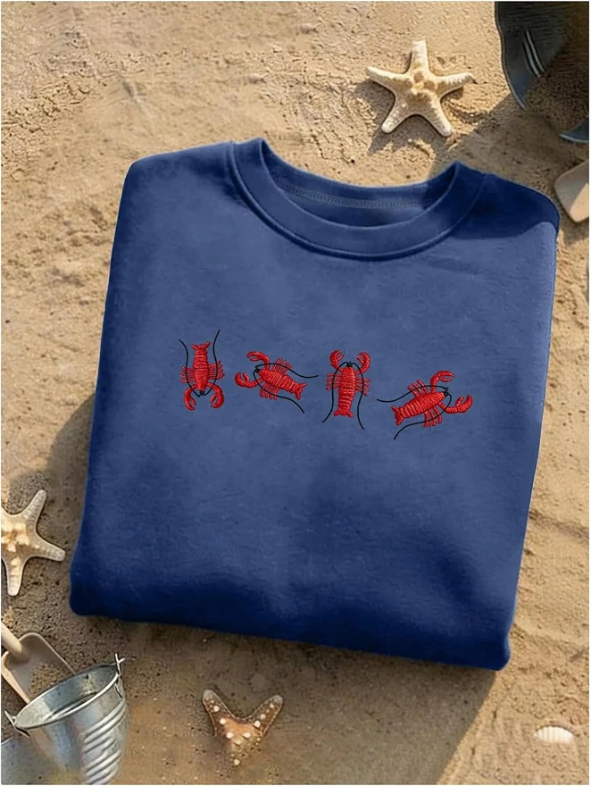 Lobster Embroidery Crew Neck Short Sleeve T Shirt Multicolor by OYOANGLE, photograph 2 of 4