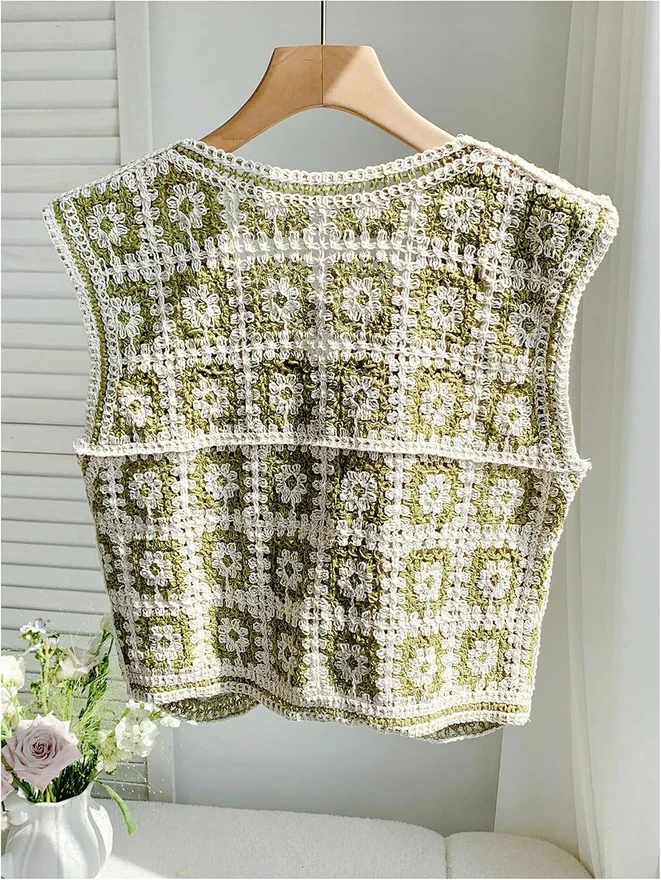 Boho Floral Knit Sweater Vest Button Up V Neck Hollow Out by OYOANGLE, photograph 4 of 4