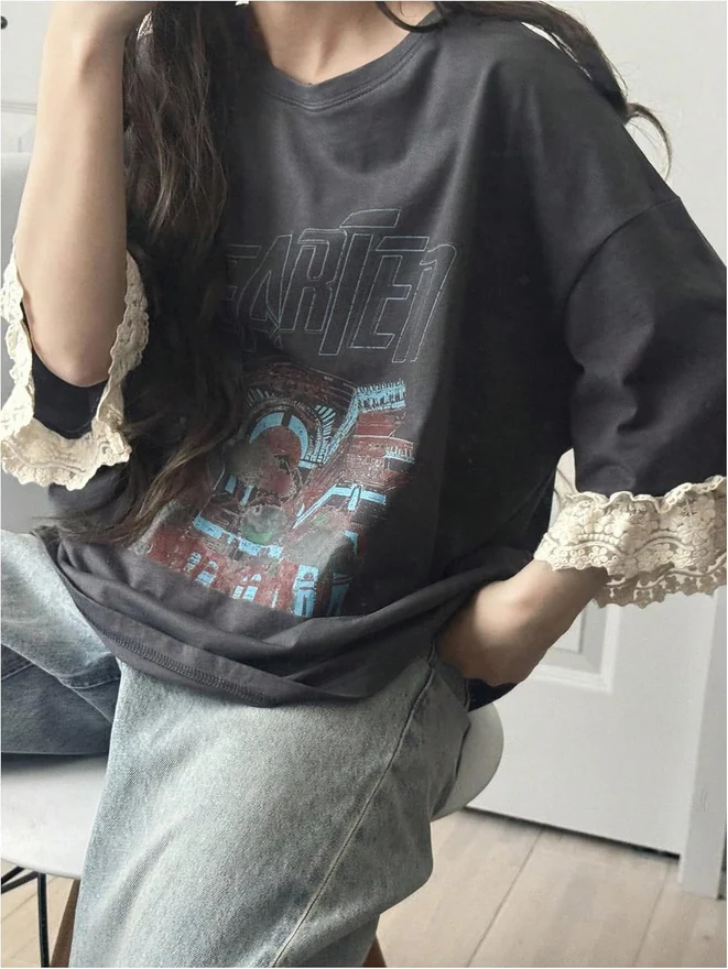 Y2K Graphic Tees Letter Print Lace Trim Short Sleeve Crew Neck by OYOANGLE, photograph 2 of 4