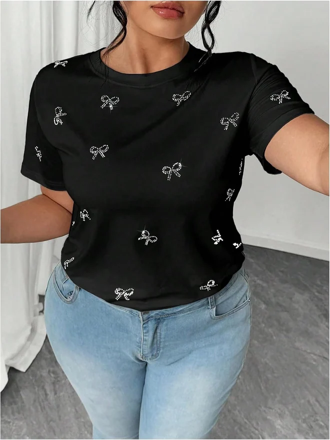 Plus Size Rhinestone Bow Top Short Sleeve Crew Neck Tee Shirts by OYOANGLE, photograph 4 of 4