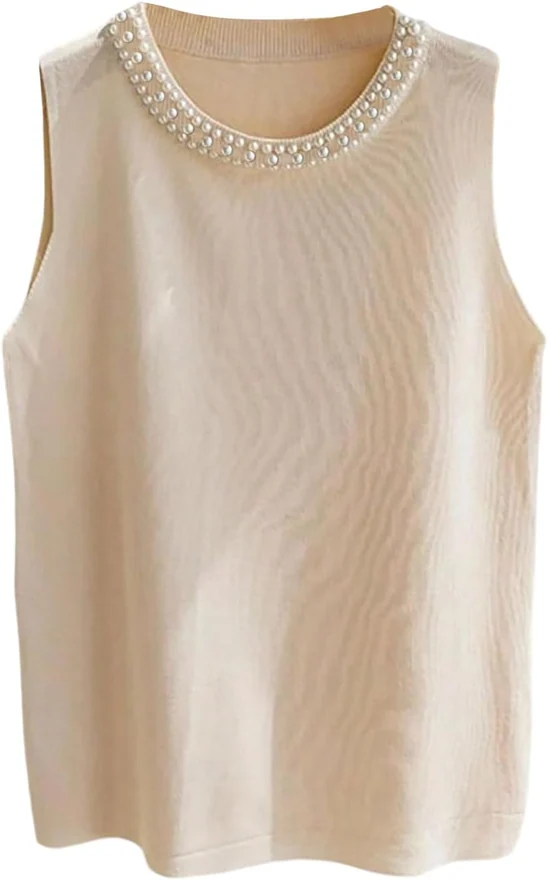 Plus Size Pearl Beaded Sweater Vest Apricot by OYOANGLE, photograph 2 of 3