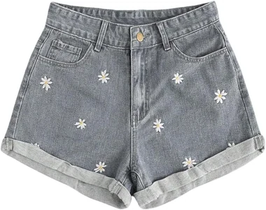 Floral Denim Shorts Wide Leg Embroidered Jean Shorts in Grey
