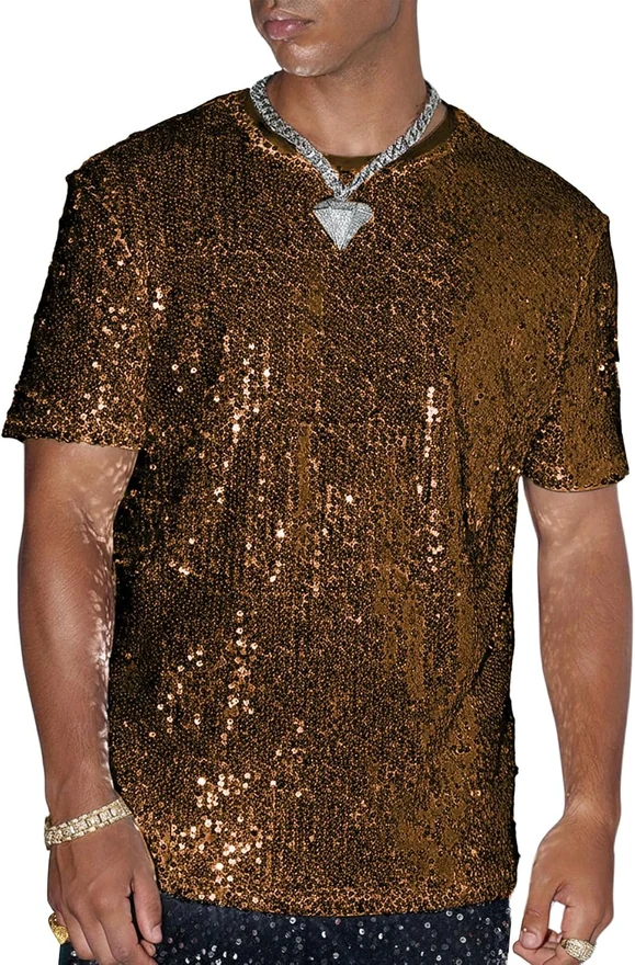 Sparkly Sequin Party T Shirt Short Sleeve Shiny Tee Tops by OYOANGLE