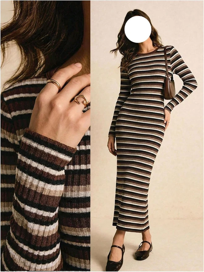Striped Sweater Dress Long Sleeve Crew Neck Bodycon Pencil Long by OYOANGLE, photograph 3 of 3