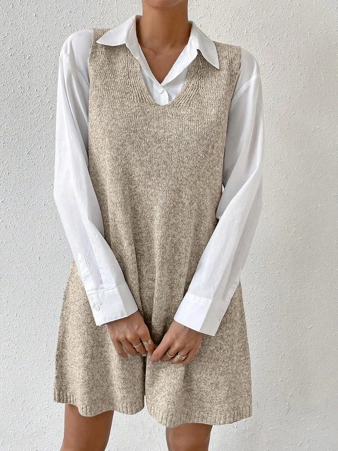 V Neck Sleeveless Basic Solid Pullover Knit Sweater Dress by OYOANGLE, photograph 2 of 4