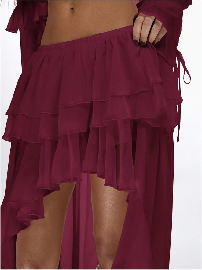 Boho Layered Ruffle Chiffon Y2K Elastic Cowgirl Maxi Skirt by OYOANGLE, photograph 3 of 3