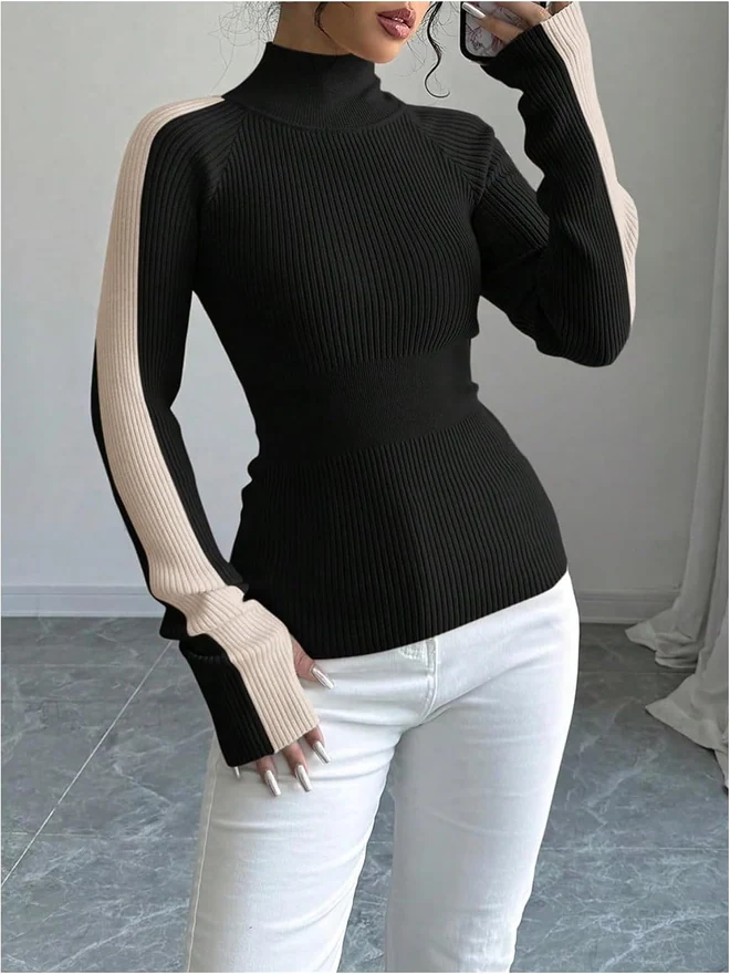 Turtleneck Sweater Long Sleeve Pullover Ribbed Knit Tops by OYOANGLE, photograph 2 of 3