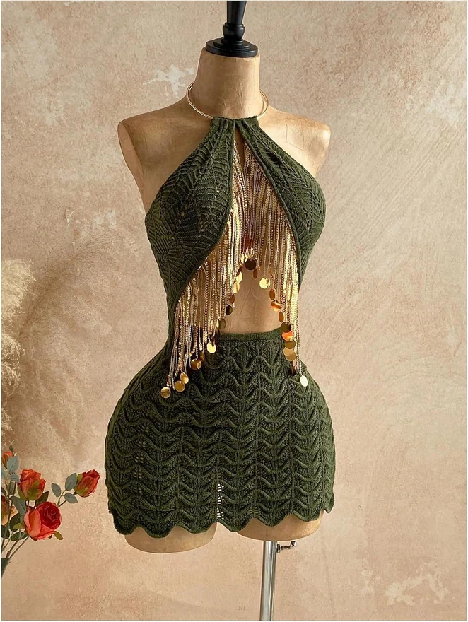 Sequin Fringe Cut Out Halter Dresses Crochet Bodycon Dress by OYOANGLE, photograph 2 of 3