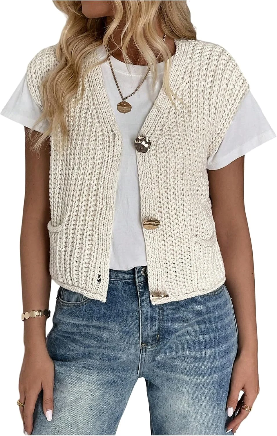 Button Up Chunky Sweater Vest Sleeveless V Neck Knitwear by OYOANGLE, photograph 1 of 4