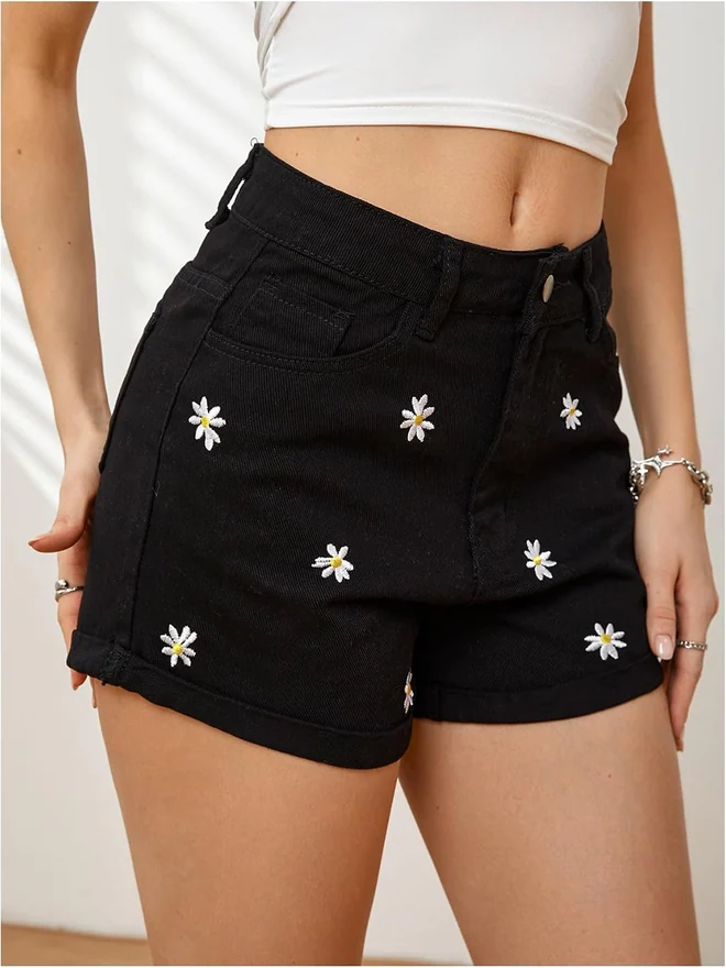 Floral Denim Shorts Wide Leg Embroidered Jean Shorts by OYOANGLE, photograph 3 of 4