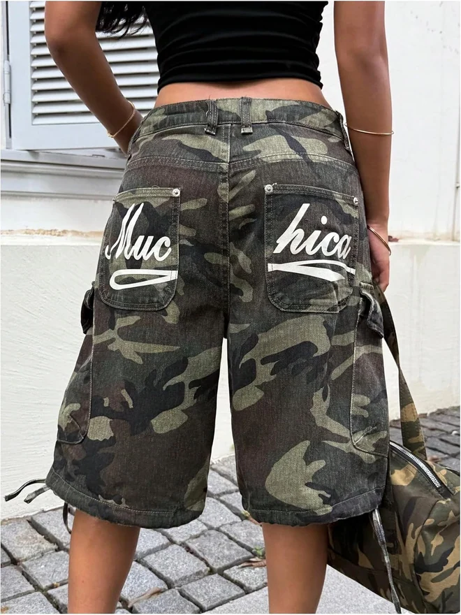 Camo Baggy Cargo Jeans Y2k Wide Leg Bermuda Denim Shorts by OYOANGLE, photograph 2 of 3