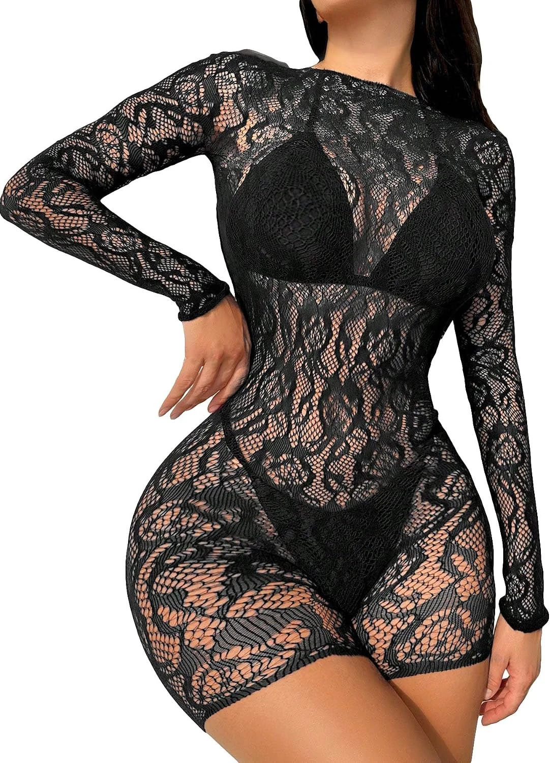 Floral Lace Sheer Mesh Hollow Out Bodysuit Romper Jumpsuit by OYOANGLE, photograph 1 of 4