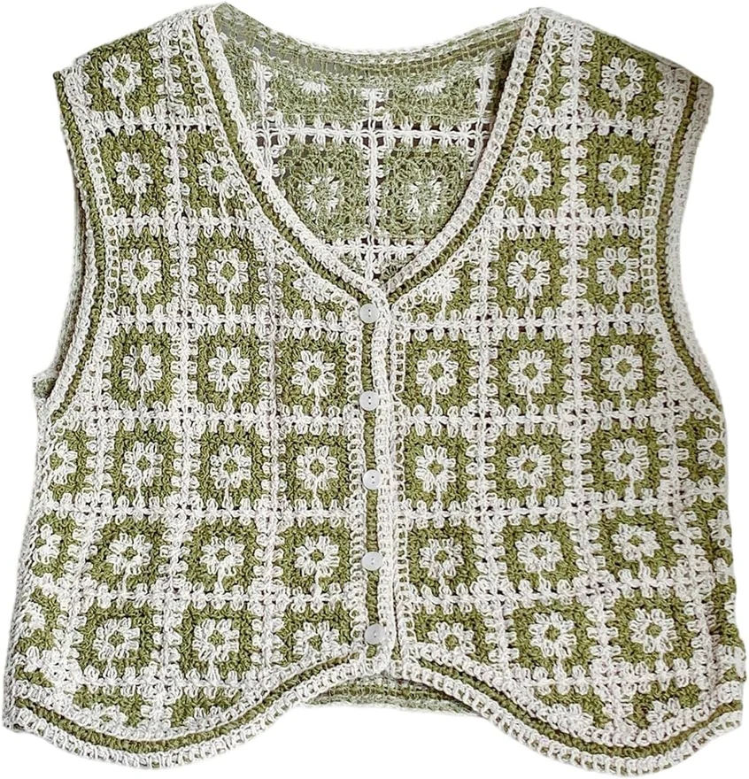 Boho Floral Knit Sweater Vest Button Up V Neck Hollow Out by OYOANGLE