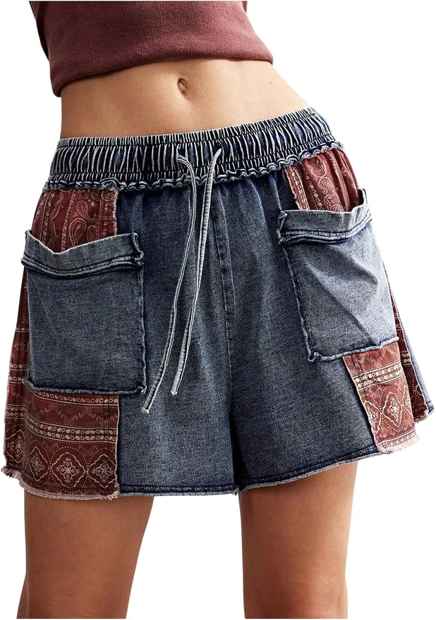 Boho Patchwork Jean Shorts Washed Drawstring High Waisted Wide by OYOANGLE