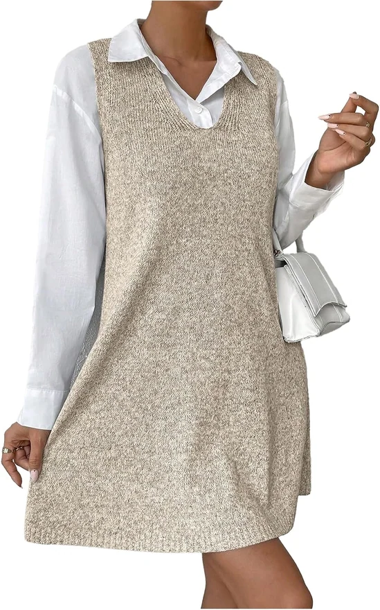 V Neck Sleeveless Basic Solid Pullover Knit Sweater Dress by OYOANGLE