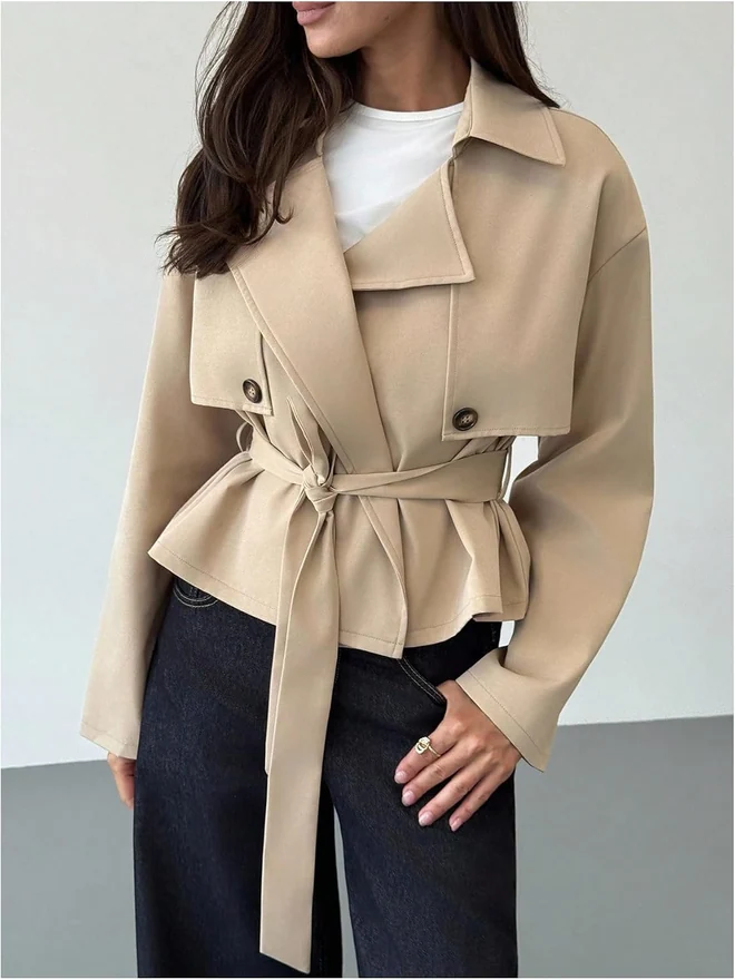 Cropped Trench Coat Double Breasted Lapel Collar Belted Short by OYOANGLE, photograph 3 of 4